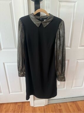 Shelby & Palmer Black Dress with Metallic Gold-Striped Collar and Sheer Sleeves
